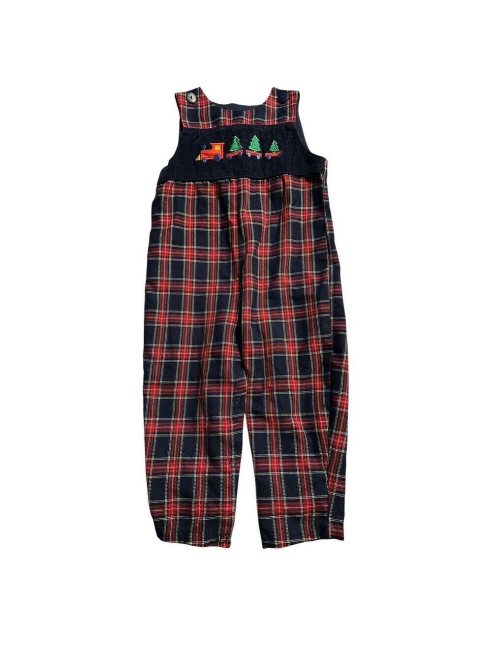 Starting Out Kids 24M Plaid Train Trees Overalls Jumpsuit Christmas Holiday